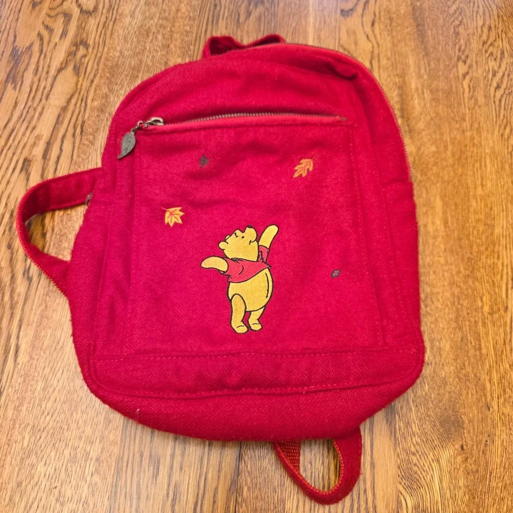 Disney Store Winnie the Pooh Red Felt Embroidered Fall Leaves Mini Backpack Bag